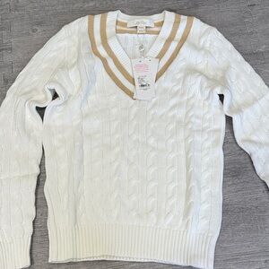 Lilly Pulitzer White V-Neck Sweater with Tan Trim